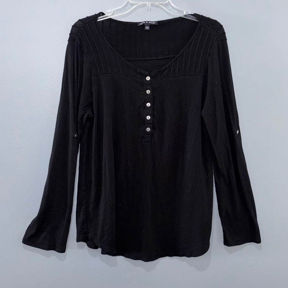 Cable & Gauge Henley Top Womens Large Black Knit Pintuck Roll Tab Sleeve Classic